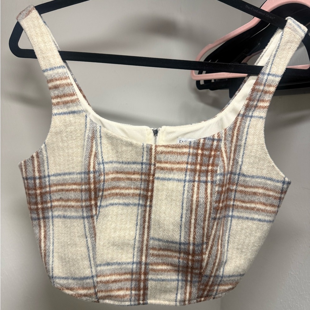 Fashion Nova Plaid Crop Top - Cream and Brown